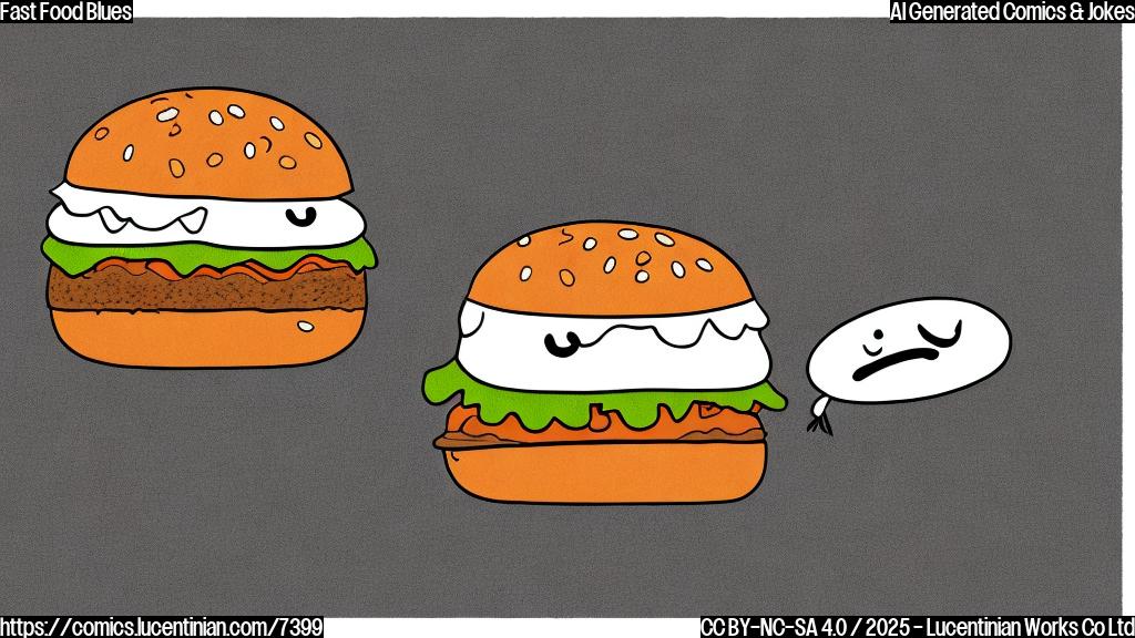 A simple, flat color cartoon illustration of a sad-looking hamburger character with downturned eyebrows, sitting on a graph line that is sharply declining. The background is a plain yellow.
