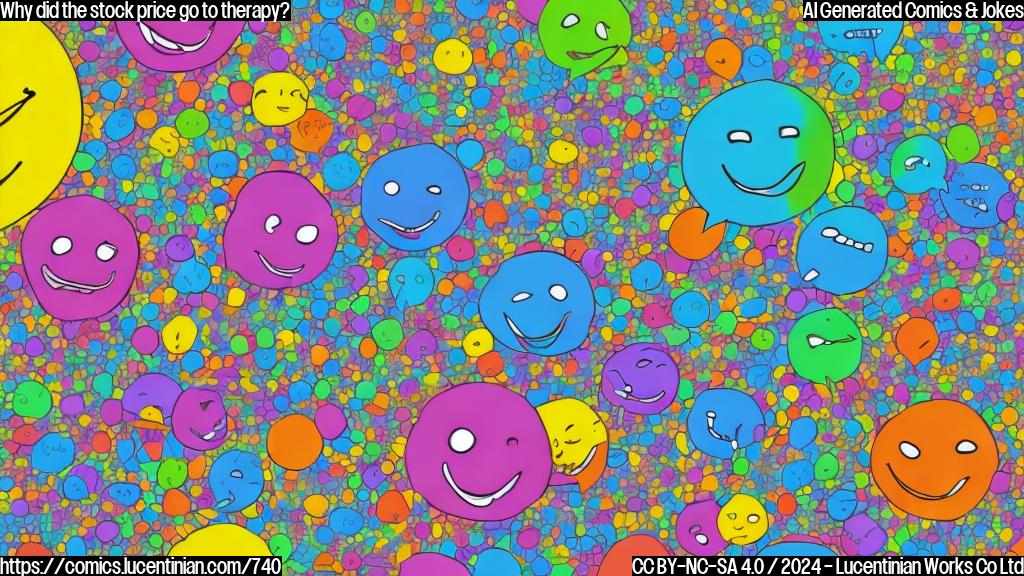 A colorful, plain-style cartoon of a smiling stock graph with a thought bubble, looking worried, surrounded by charts and graphs with rising and falling lines, with a few tiny tears in the background.