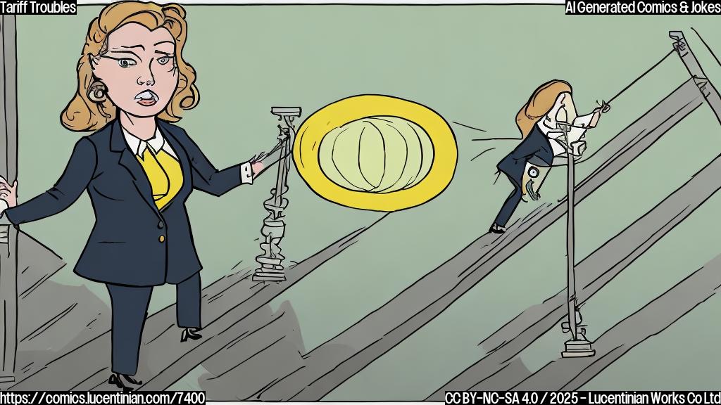 A cartoon-style image of a serious-looking woman in a business suit, labeled "CEO", carrying a very long ladder that bends under its own weight. In the background, a simplified graph showing a steep downward line representing "Profits". The overall color scheme is muted, with the ladder being a slightly brighter shade of yellow.