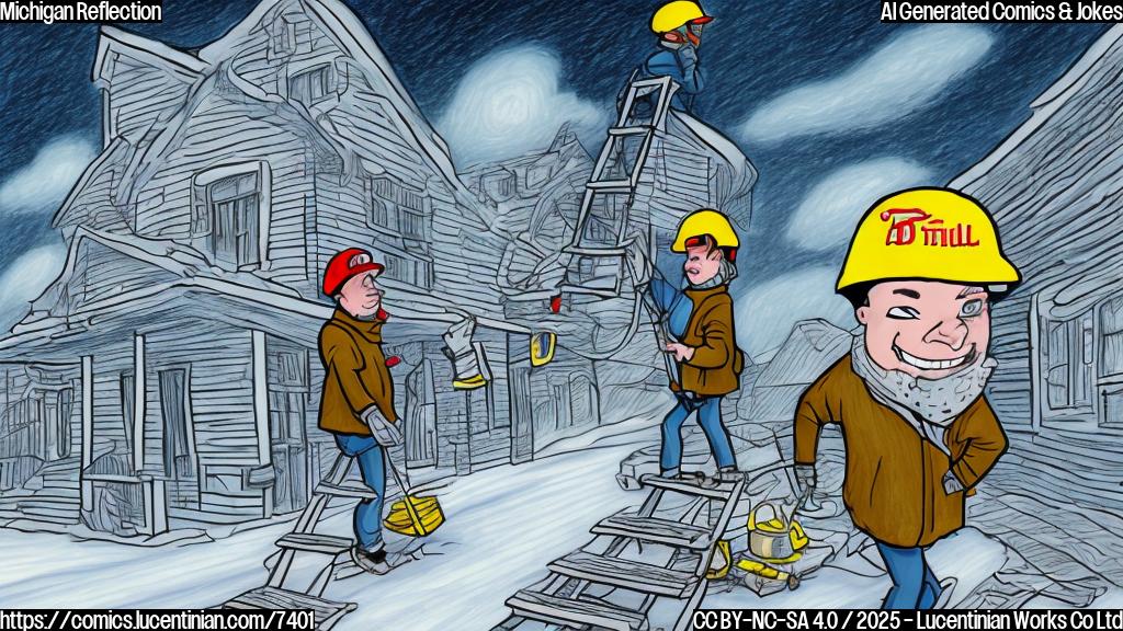 A cartoon-style drawing of a person wearing a winter coat and a Detroit baseball cap, carrying a bright yellow ladder towards a building with a sign that says "Town Hall Meeting." The sky is a plain blue.