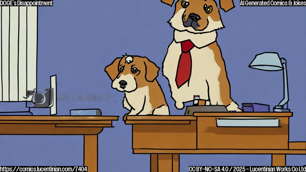A sad-looking small, fluffy dog wearing a business suit, sitting at a desk in an office. The desk is mostly empty. The scene is drawn in a simple, cartoon style with a plain blue background.