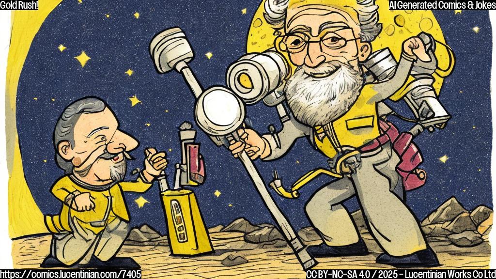 A cartoon drawing of an astronomer with a telescope looking at a bright star. The astronomer is holding a pickaxe and has a gold nugget in their pocket. The style is simple and uses plain colors.