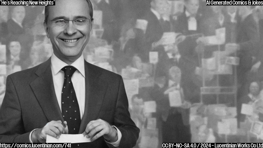 A smiling, middle-aged man with a confident expression is standing on a ladder, holding a microphone. He's wearing a suit and tie, and has a few electoral ballots in his hand. The background is a blurred representation of a voting booth and a crowd of people waiting to vote.