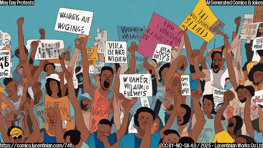 A cartoon style image of a group of diverse people protesting, holding signs with humorous slogans about fair wages. Some are carrying a comically oversized ladder. The background is a simple plain color.