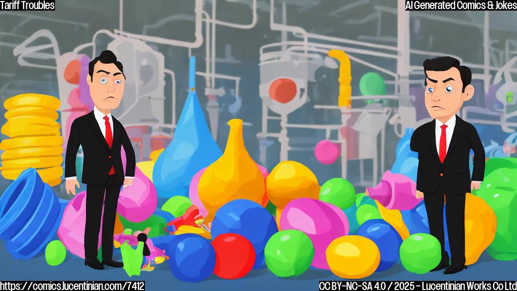 Cartoon image of a sad-looking businessman in a suit standing next to a pile of only two brightly colored toys, while in the background, a factory with a "Closed" sign hangs on the door. The overall style should be simple and cartoonish with a plain background.