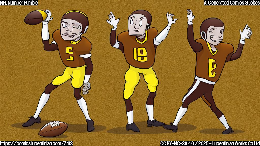 Cartoon style, plain light yellow background, depiction of a brown football with a confused expression, holding a mobile phone. A second, smaller football in a referee uniform is waving his hands signaling a penalty.