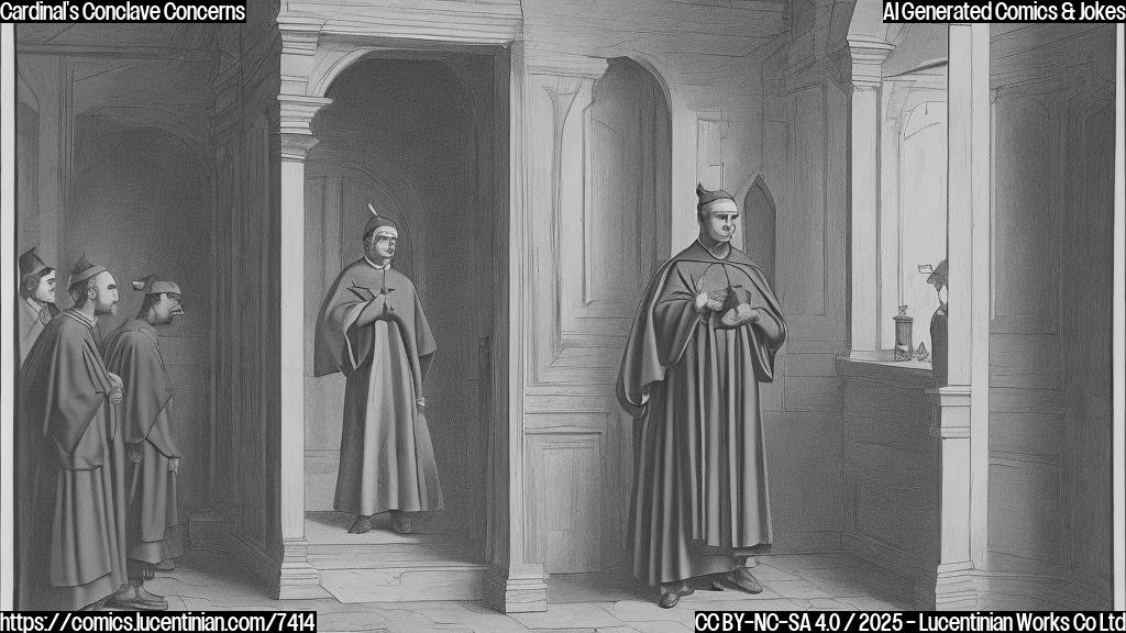 a simple cartoon of a young cardinal in red robes looking anxious, sweat beads on his forehead, standing in front of a large wooden door