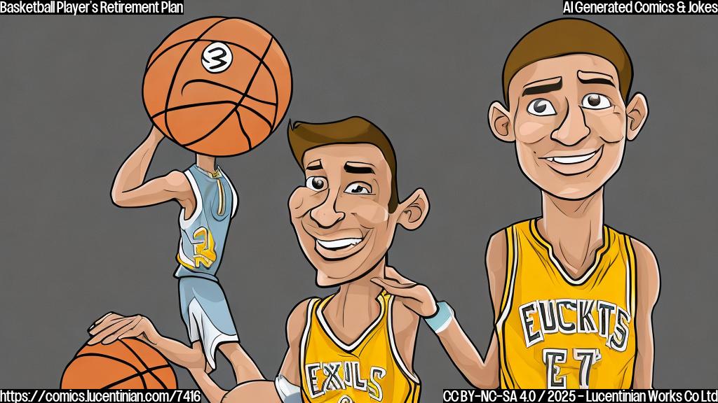 Plain color cartoon style image: A tall, athletic figure wearing a basketball jersey is shrugging with a slight smile. He is standing next to a very short queue labeled "Exit Interviews." The queue is empty.