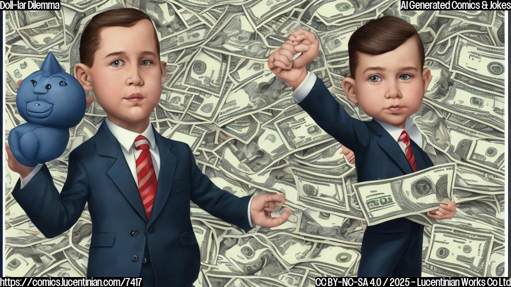 A plain color cartoon style image. A serious looking man with short hair and a dark suit holding a toy doll with an exaggeratedly patriotic outfit in one hand and counting money with the other. The background is a graph trending upwards labeled "Doll Prices".