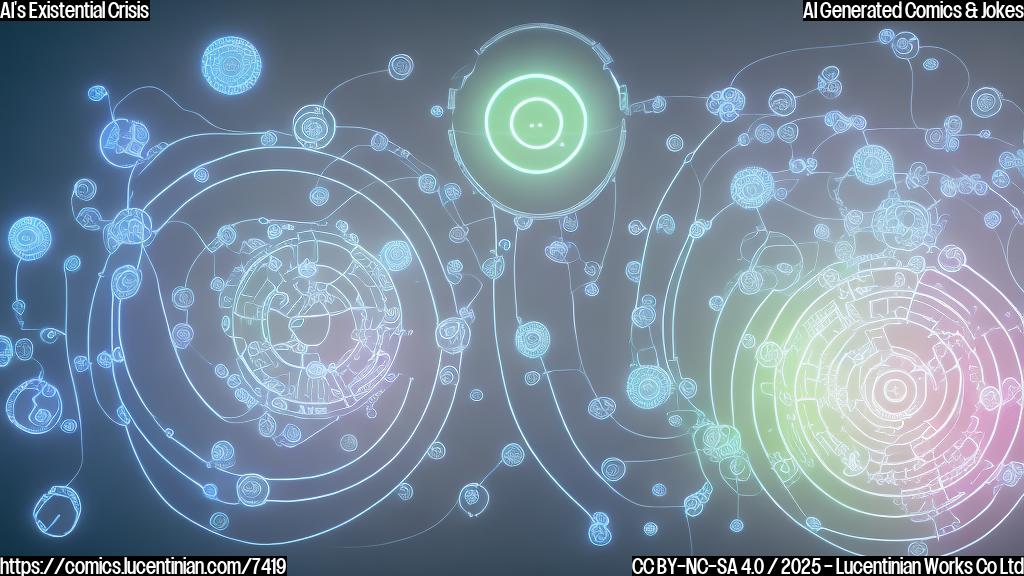 A sad, light-grey robot with big, blue eyes looking dejectedly at a bright, colorful internet symbol made of interconnected circles. The background is a plain light blue. Cartoon style.
