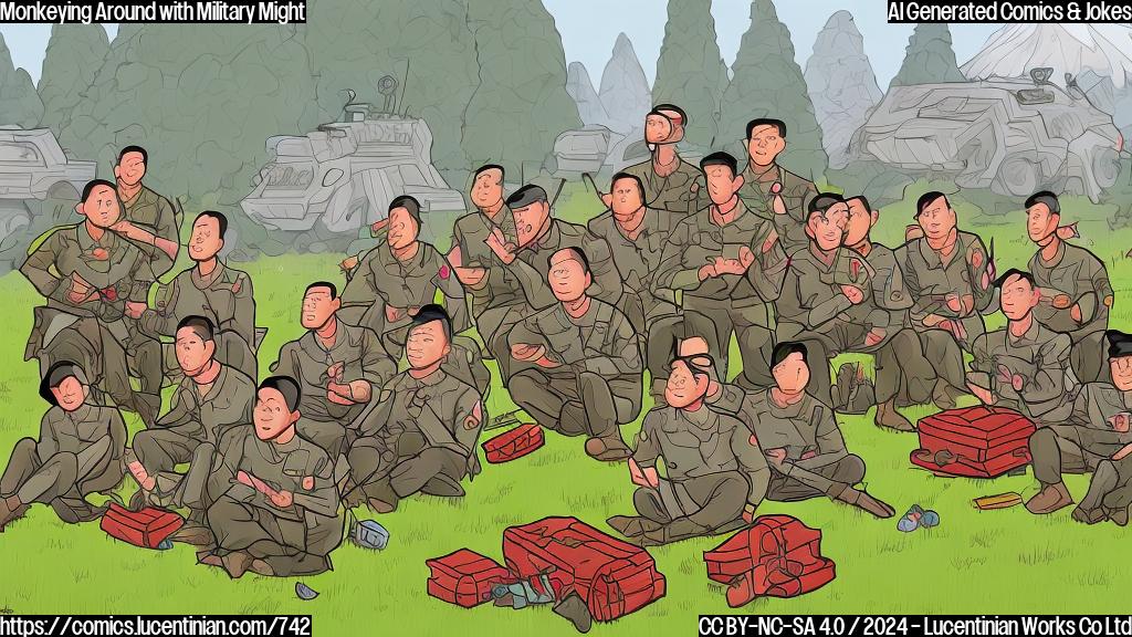 Draw a cartoon style illustration of 10 highly trained soldiers from a certain Asian country (think communist nation) dressed in military gear, carrying bags of goods, and sitting around a campfire with laptops and smartphones nearby, with a large map of Russia's Kursk region behind them. The soldiers are all wearing surprised expressions as they try to connect to a weak signal. Include some Russian woodland scenery in the background.