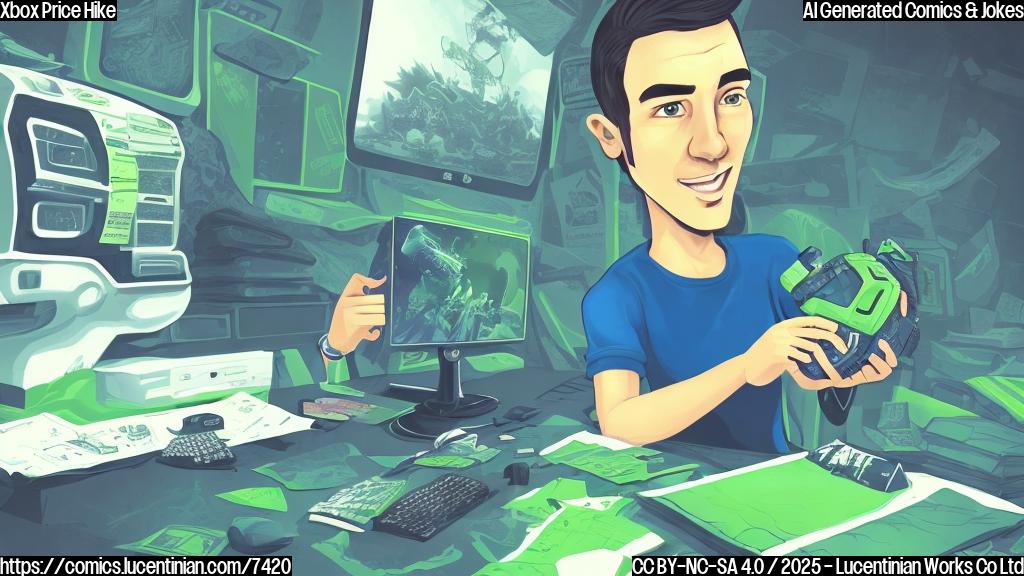 A light green cartoon style image. A sad gamer with a dark blue shirt looking at a very high price tag on a video game box.