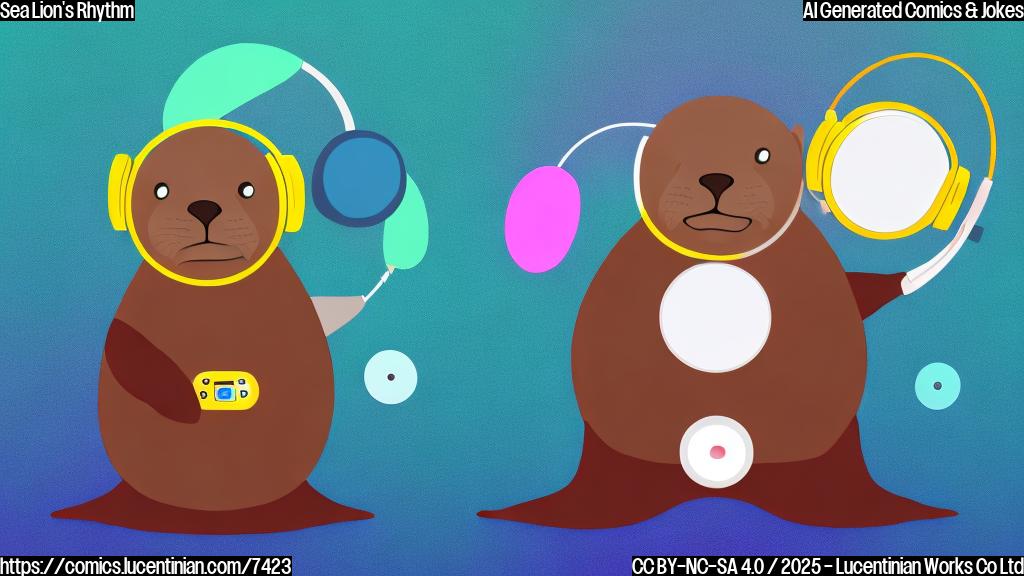 A plain cartoon of a chubby, brown sea lion with a big smile, wearing headphones and standing in front of a DJ mixer with colorful buttons. The background is a simple, gradient blue.