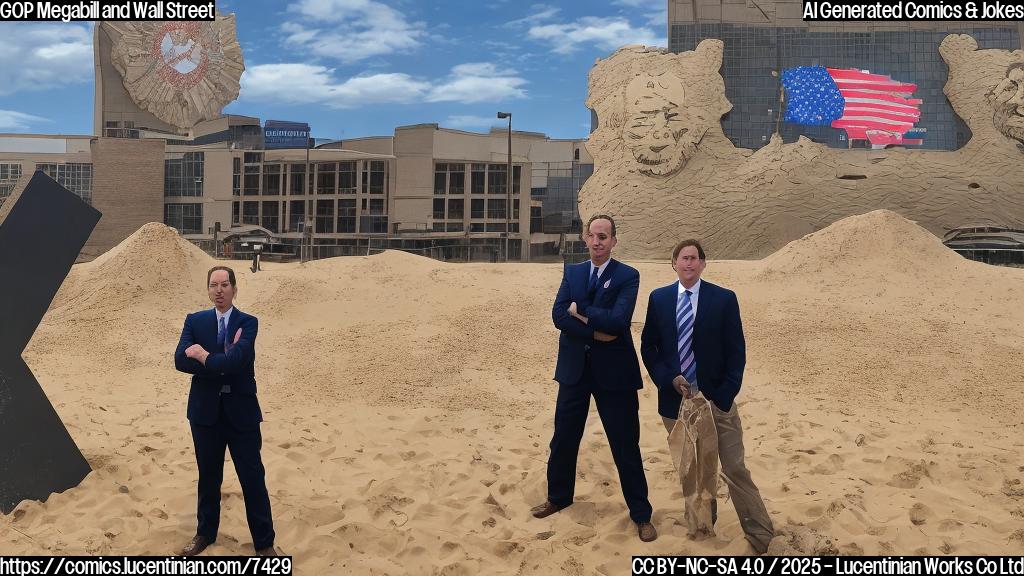 A cartoon of a stressed-looking man in a suit and tie, sweating profusely. He is standing in front of a giant dollar sign made of sand that is crumbling away. In the background, there's a building that looks like a bank with a flag on top of it that has a "GOP" logo. The sky is a menacing gray. The color palette is primarily yellows, grays, and browns.
