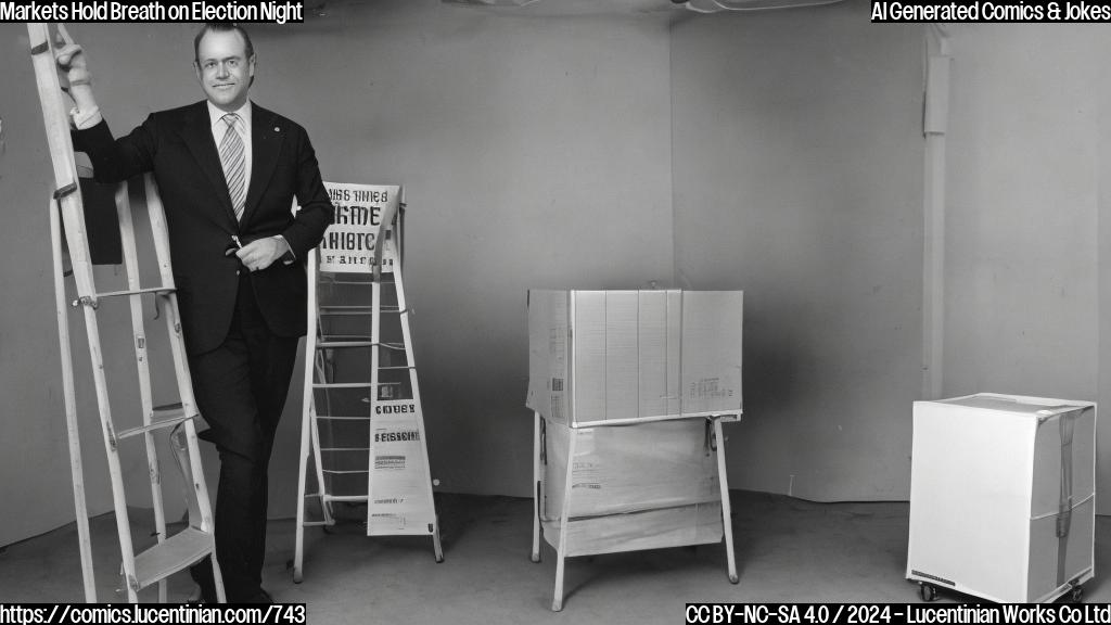 A person holding an investment portfolio with a large graph in the background, wearing a suit and standing next to a ladder that is slightly tilted, with a ballot box and voting booths visible in the background.