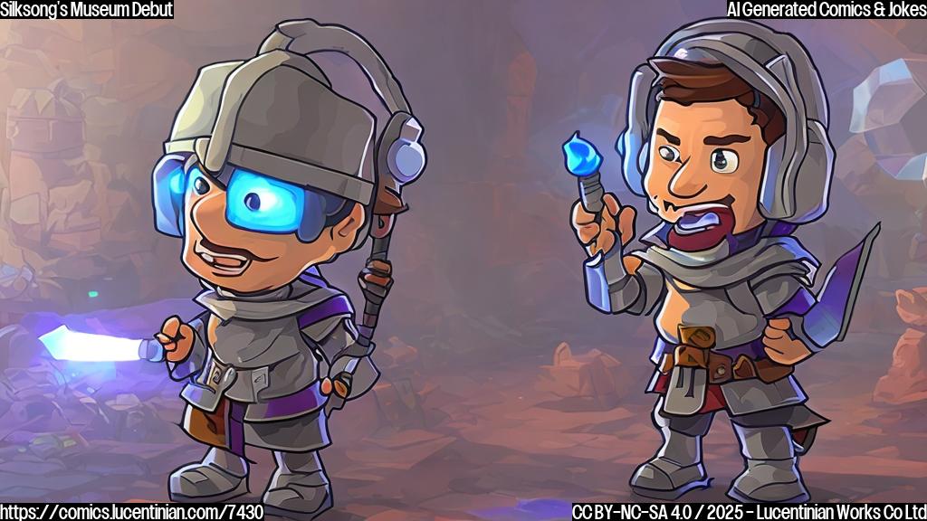 A cartoon gamer, wearing a gaming headset, holding an oversized magnifying glass and staring intently at a small screen displaying a pixelated knight-like character on a stand in a museum. The museum background is blurred and indistinct. The gamer has an excited, slightly crazed expression.