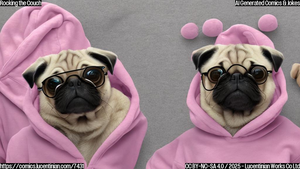 Draw a cartoon of a young woman sitting cross-legged on a bed, wearing a pink hoodie and pajama pants with teddy bears. Her pug is beside her, looking up at her with big eyes. The shades are drawn over one eye, giving her a relaxed, sleepy expression. The background is a soft, blurred image of a California room with a fading sunset outside the window.