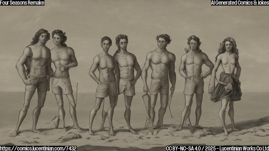 A cartoon drawing of four generic people standing awkwardly on a beach, looking bored and surrounded by grey clouds. The style is simple and flat, with plain colors.