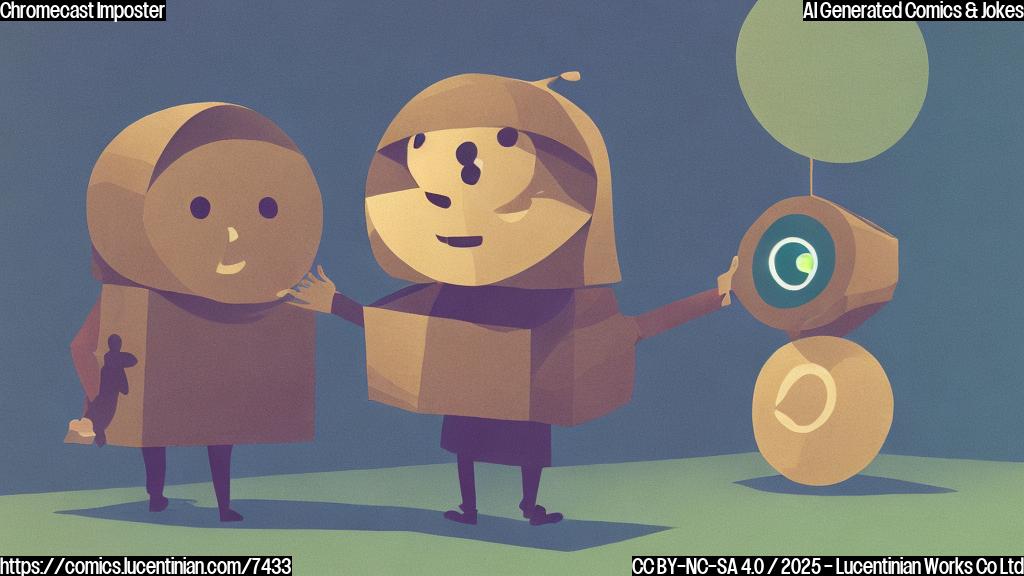 a plain color cartoon style picture of a small, round streaming device wearing a cardboard box costume shaped like a different, more popular streaming device. The costume has a similar shape and logo but is clearly homemade and slightly askew.