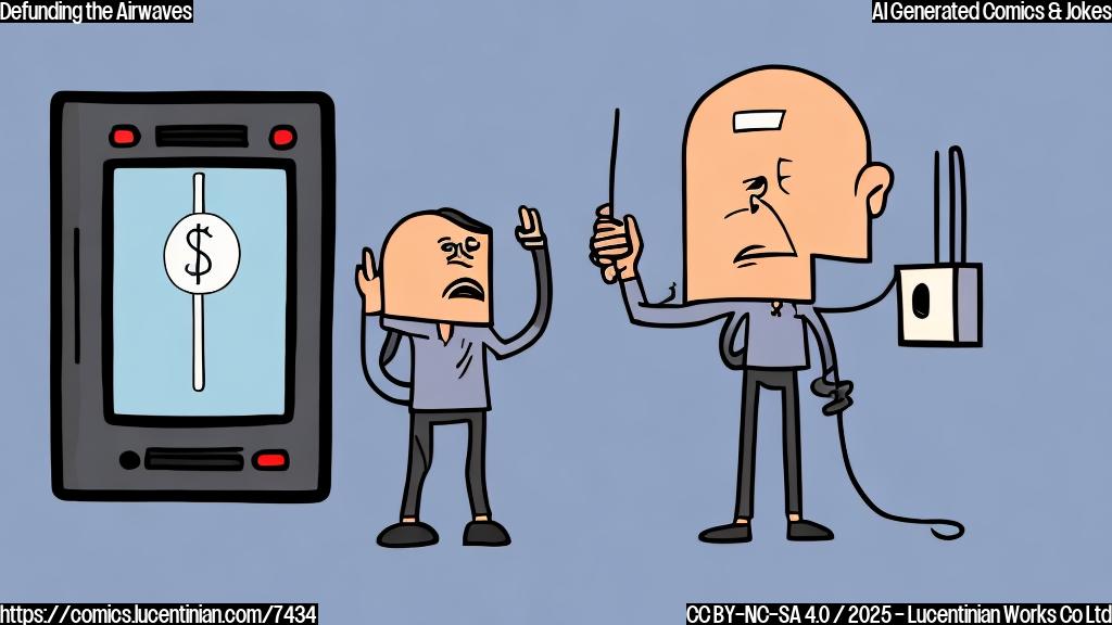 A cartoon image of a sad looking radio with an antenna, standing next to a large, imposing hand with a dollar sign on the palm. The background is a plain, light blue color.