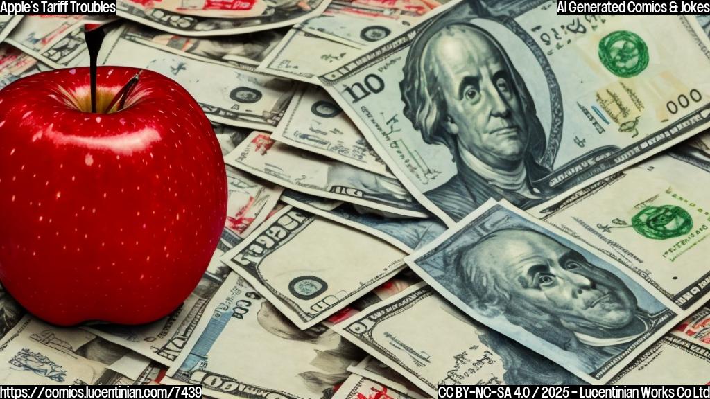 A sad, red apple with a worried expression, surrounded by stacks of money with tariff signs on them. The background is a plain blue. Cartoon style.