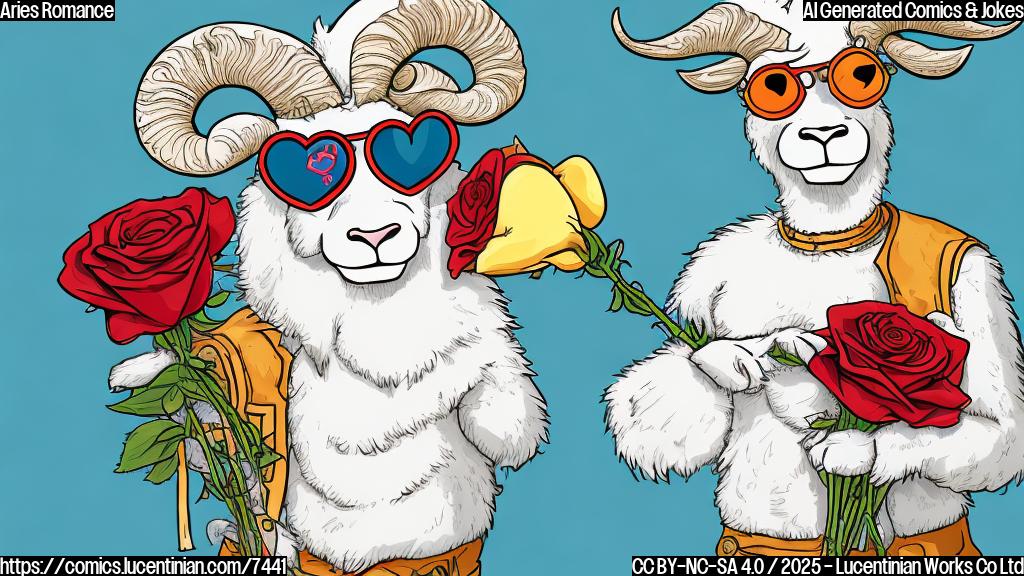 a plain color cartoon style illustration of a ram character (Aries symbol) wearing heart-shaped sunglasses and holding a bouquet of red roses, looking nervously at a calendar marked "May 2nd, 2025". In the background, a small moon with a crab face (Cancer symbol) is frowning.