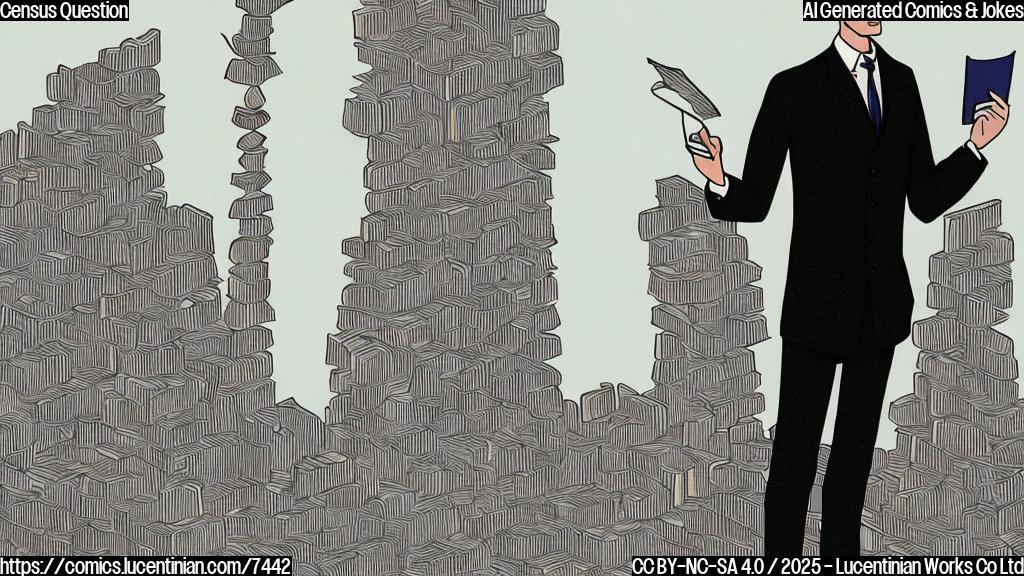 A cartoon-style image showing a person holding a clipboard and pen, standing next to a very tall stack of books representing social class. The census worker is looking up at the top book with a questioning expression. The background is a plain light blue.