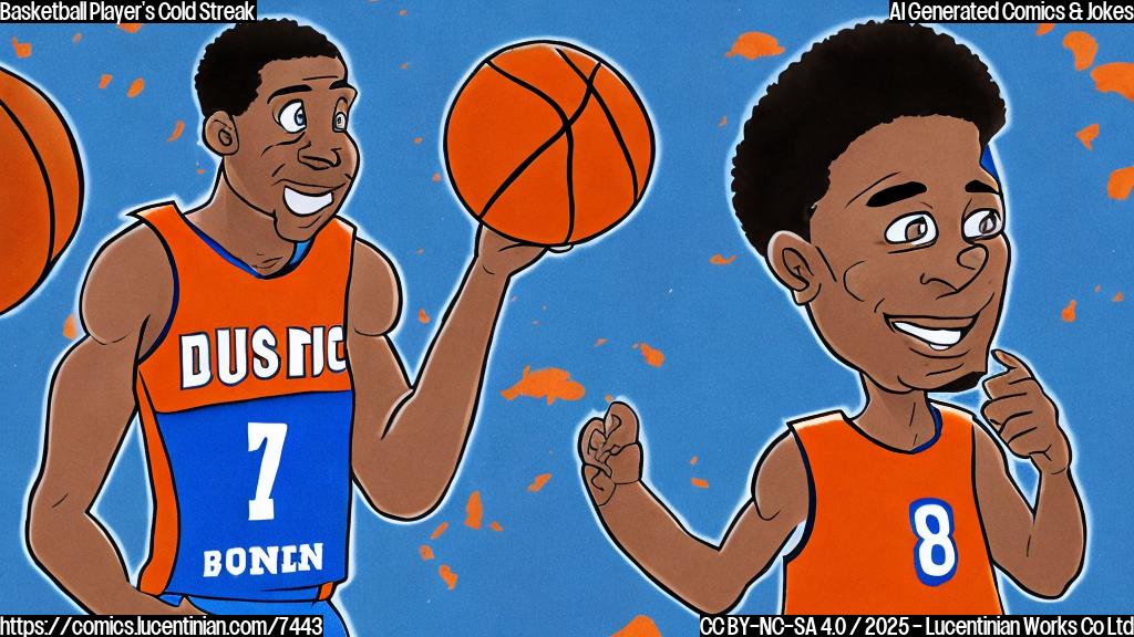 Cartoon drawing of a basketball player in a blue and orange uniform, looking happy, standing on a basketball court with a basketball in his hand. In the background, several sad-looking cartoon pistons are falling apart.