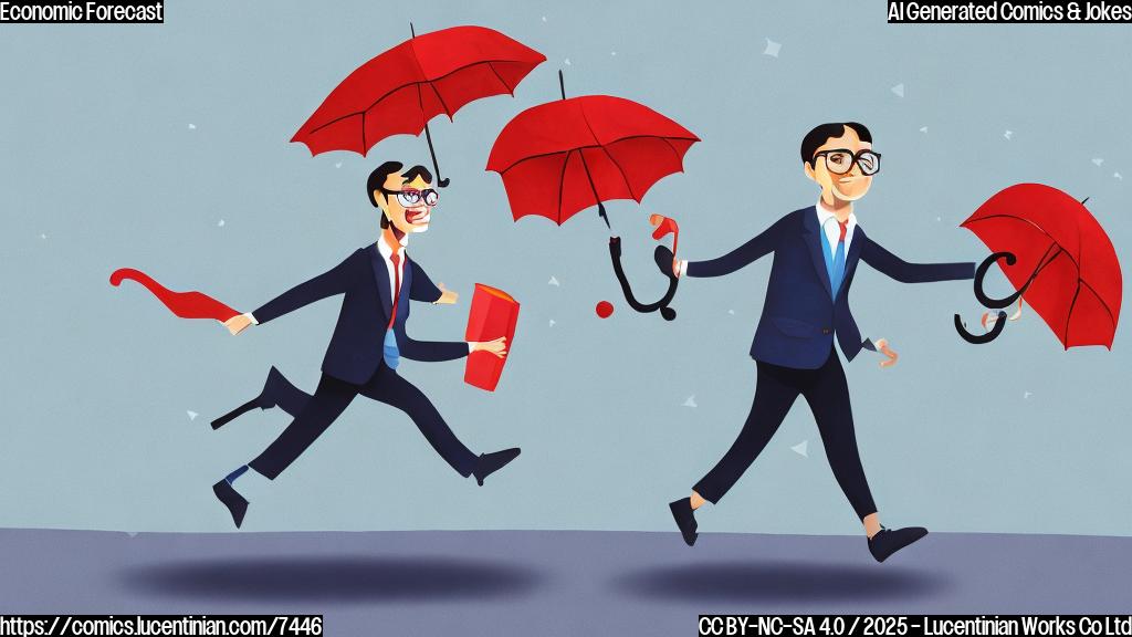 Cartoon illustration of a cheerful economist, wearing glasses and a suit, skipping down a sunny street with an umbrella, despite the clear skies. The sky is colored plain light blue.