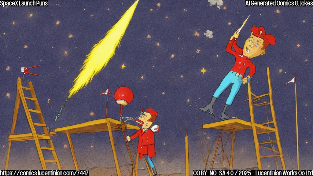 A plain color cartoon of a red rocket launching upwards with stars in the background, and a cartoon figure of a comedian with red hair and a microphone and wearing a blue suit is standing near the launch pad holding a large wooden ladder.