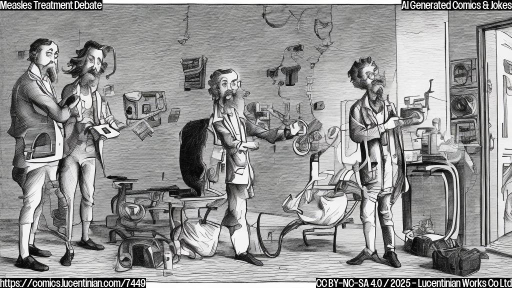 A cartoon drawing of a person with wild hair and a suspicious expression, handing a confused-looking doctor a bag overflowing with mismatched socks. The doctor is holding a stethoscope and looking bewildered. The background is a plain light blue.