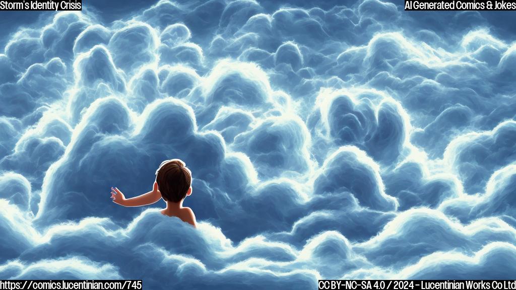 A cartoonish illustration of a swirling mass of cloud and wind with a thought bubble, symbolizing a person struggling with emotions. The background is a blue ocean with island silhouettes in the distance, evoking a sense of turmoil and change.