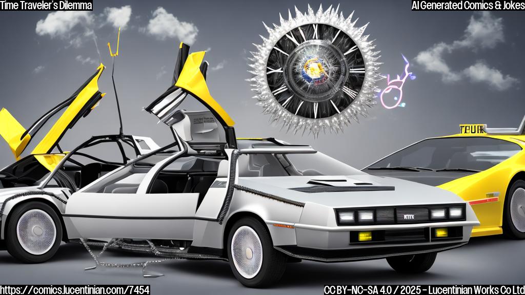 A cartoon style image of a confused looking person with spiky hair and futuristic clothing standing next to a silver DeLorean with gull-wing doors. The car is parked in a designated zone marked with a large clock symbol. A yellow parking ticket is stuck to the windshield.