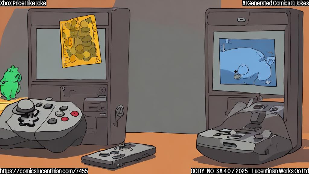 A simple, plain color cartoon style image showing a sad video game console with a piggy bank next to it. The piggy bank is overflowing with money. The console has a single tear rolling down its screen.