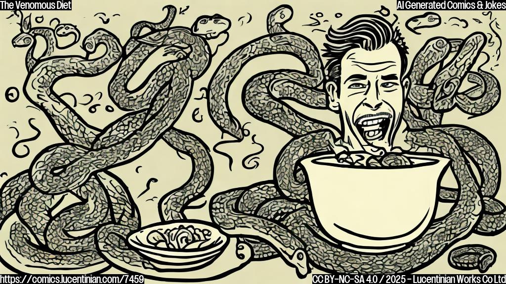 A cartoon style image of a man with a determined look on his face, happily eating a bowl of snakes for breakfast. The snakes are stylized and non-threatening. The background is a simple, plain color, to avoid any copyright issues.