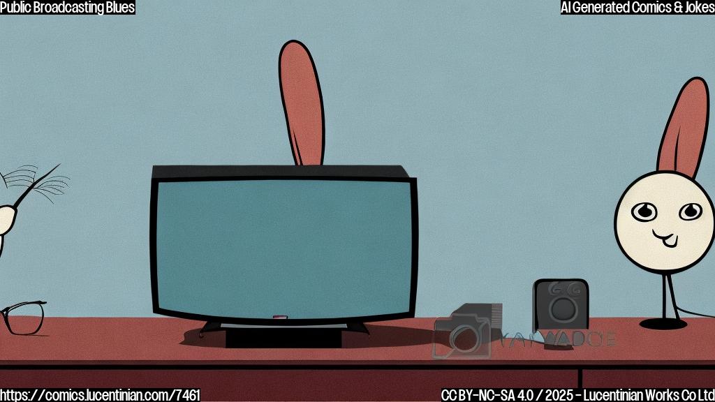a plain color cartoon style picture of a sad-looking television set with rabbit ears, tears are dropping from its screen. The background is a plain light blue.
