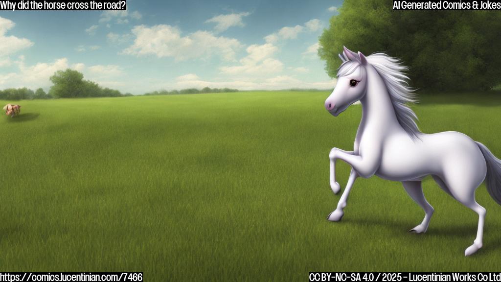 A cartoon horse with a determined look on its face, wearing a number bib, running across a simple road with a green field on one side and a blurry racetrack in the distance, all in a plain color style with minimal detail.