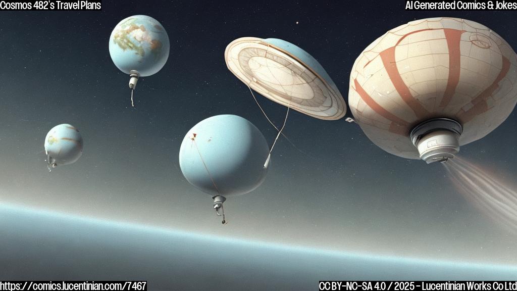 A faded, cartoon-style image of a generic Soviet-era Venus lander, depicted as a round capsule with protruding antennas and a partially deployed, damaged parachute. The lander is set against a plain, light blue background suggesting Earth's atmosphere, with simple, stylized clouds. The overall style is reminiscent of vintage propaganda posters, using a limited color palette.