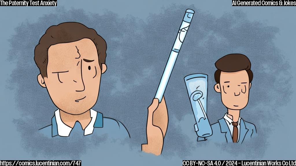 Illustrate a simple cartoon style image of a man with a worried expression, holding a test tube and a sonogram picture. The background is a soft blue color with a few subtle lines representing the uncertainty of the paternity test results.