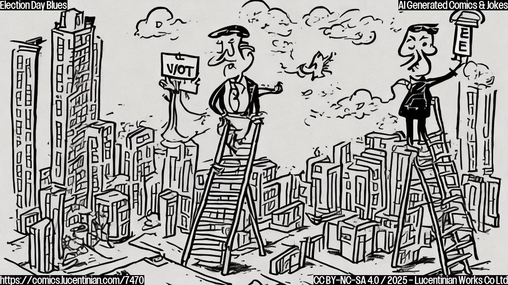 A simple cartoon drawing of a person carrying a very tall ladder towards a building with a sign that says "Vote Here". The style is plain, with solid colors and thick black outlines. The background is a light blue sky.