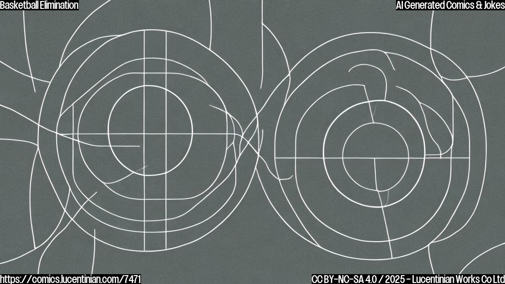 A simple cartoon style image of a basketball court with a large X mark drawn over one of the hoops, all in plain, bright colors.