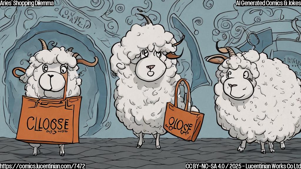 A cartoon-style drawing of a fluffy sheep with curly horns, wearing a shopping bag and looking confused, standing in front of a closed store with a sign that has a moon on it and the word "Closed" in a playful font. The background is a plain light blue.