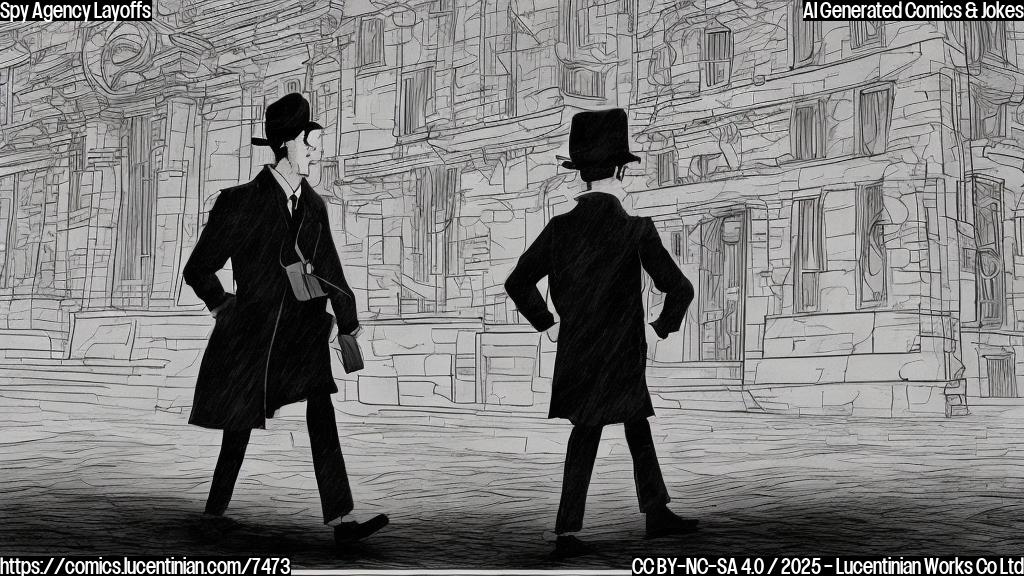 A sad looking cartoon spy, wearing a trench coat and fedora, holding a pink slip and walking away from a generic government building with a sad face. The building has a sign that says "Intelligence Agency" in plain letters. The sky is gray and cloudy.