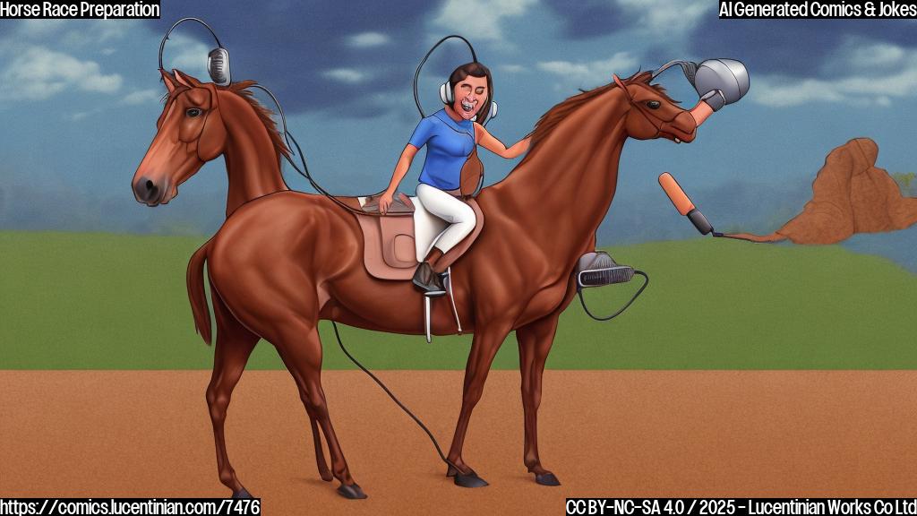 Cartoon drawing of a brown horse wearing a headset and standing in front of a microphone, practicing singing. The background is a simplified racetrack scene with a blurred crowd.
