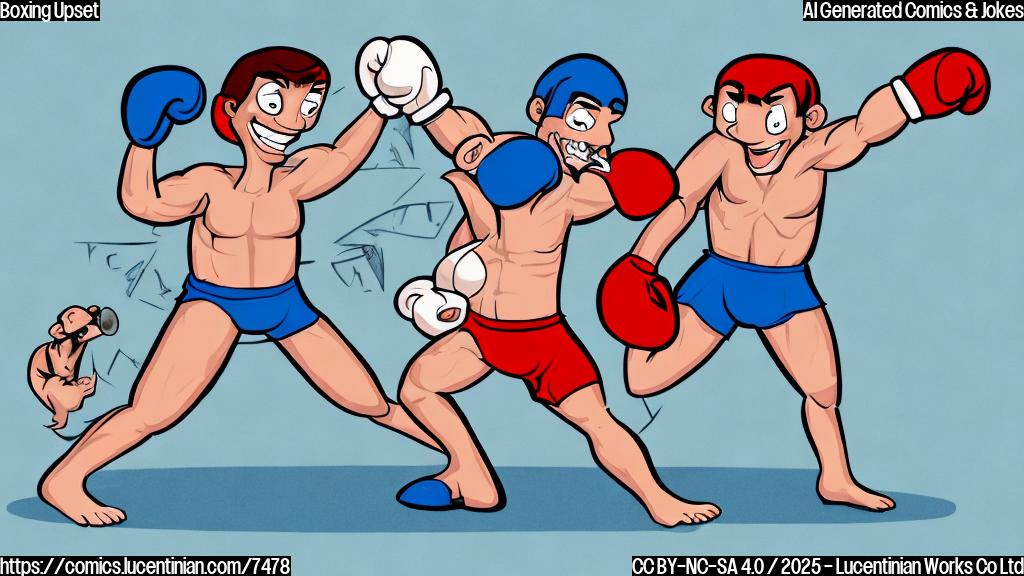 Cartoon image of a boxing ring. One boxer, smaller and with a surprised expression, stands with a ladder, looking up at a much larger, confident-looking boxer with boxing gloves. The background is a plain light blue.