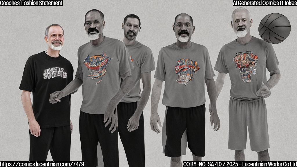 Two basketball coaches, one tall and one slightly shorter, standing side-by-side on a basketball court. They are both wearing identical t-shirts with a cartoonish image of a grumpy old man with a mustache on them. The background is a blurred basketball court. Cartoon style, plain colors.