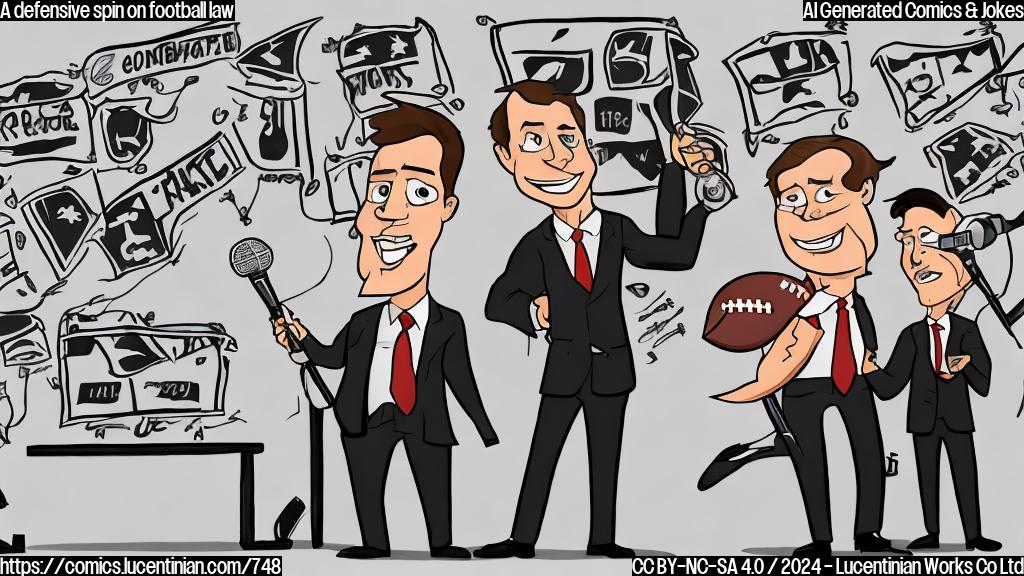 Draw a cartoon of a football player wearing a suit and holding a microphone, standing in front of a whiteboard with "defense" written on it. The background is a blurred football field with players running towards the end zone.