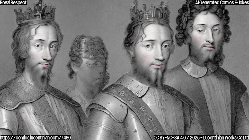 a cartoon of a king with a large crown looking disappointed, next to a younger man with messy hair looking away dismissively. The background is a plain light blue.