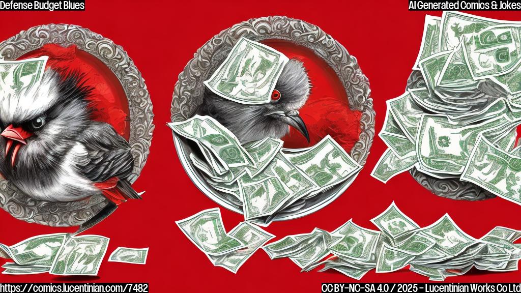 Cartoon style, plain red background, a grumpy looking bird with military decorations refusing to eat from a plate of dollar bills.