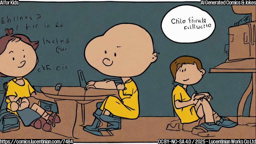 a plain color cartoon style picture of a child sitting in a corner looking guilty, with a thought bubble above their head showing complex equations.